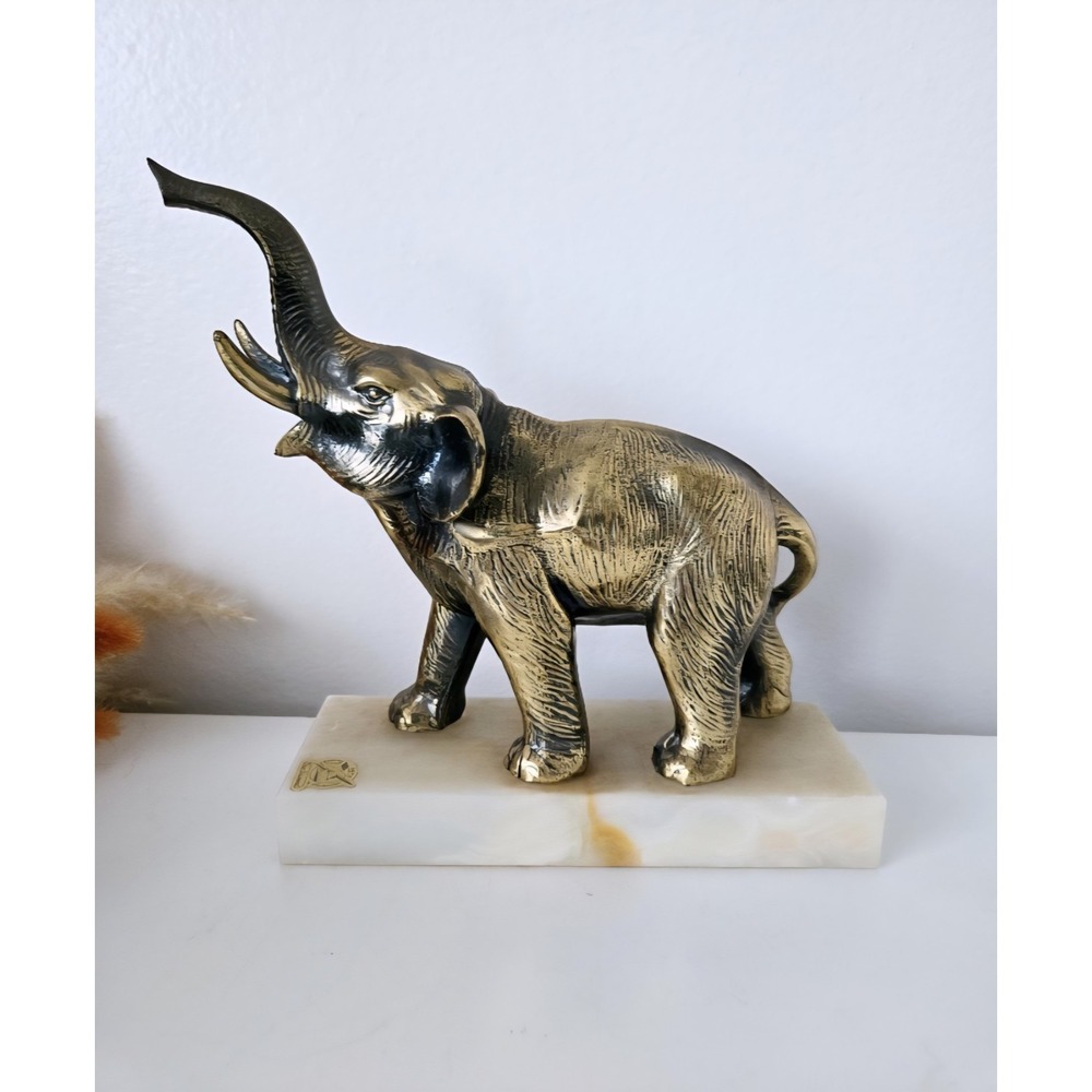 2 Brass Elephant Vintage Bookends Mid-Century Brass  Bookends Onyx Base Bookends